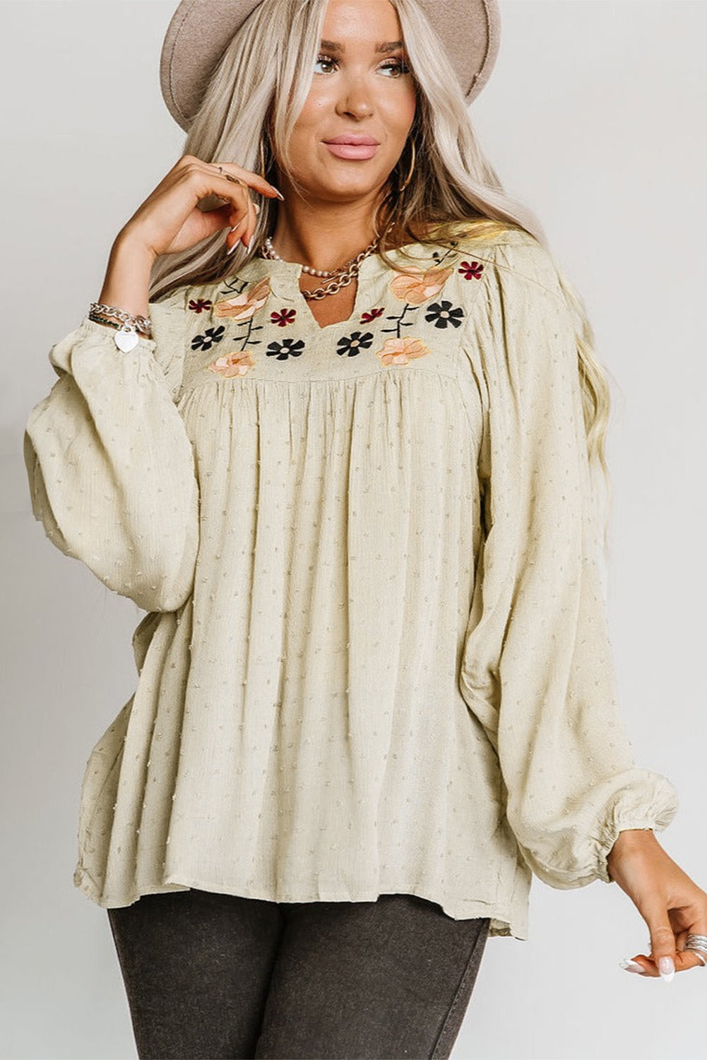 Floral Embroidered Swiss Dot Split Neck Babydoll Blouse