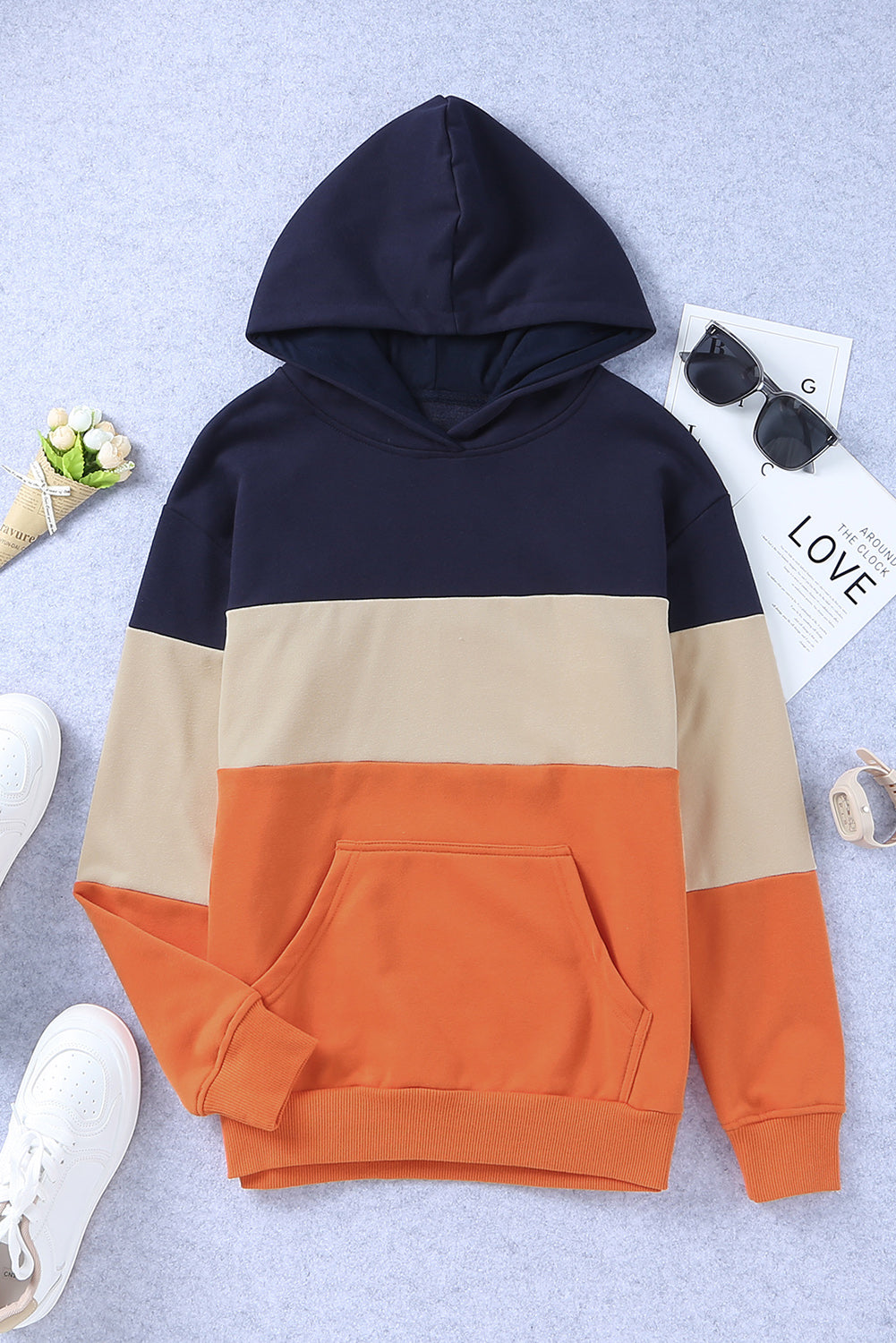 Blue Triple Color Block Hoodie with Kangaroo Pocket