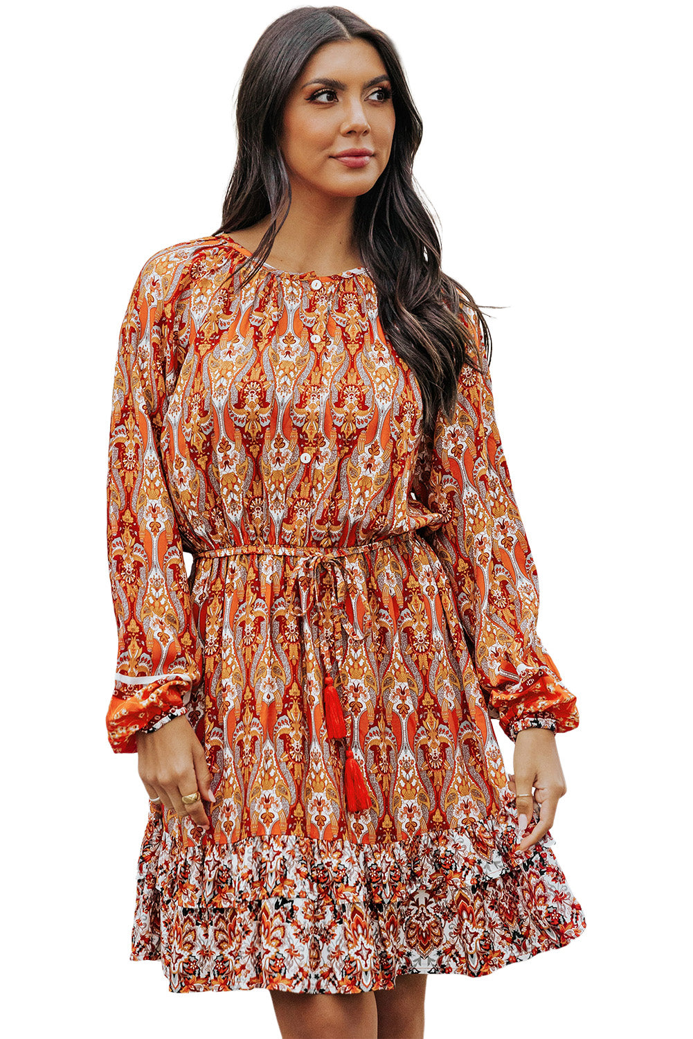 Western Pattern Print Lantern Sleeve Drawstring Mini Dress