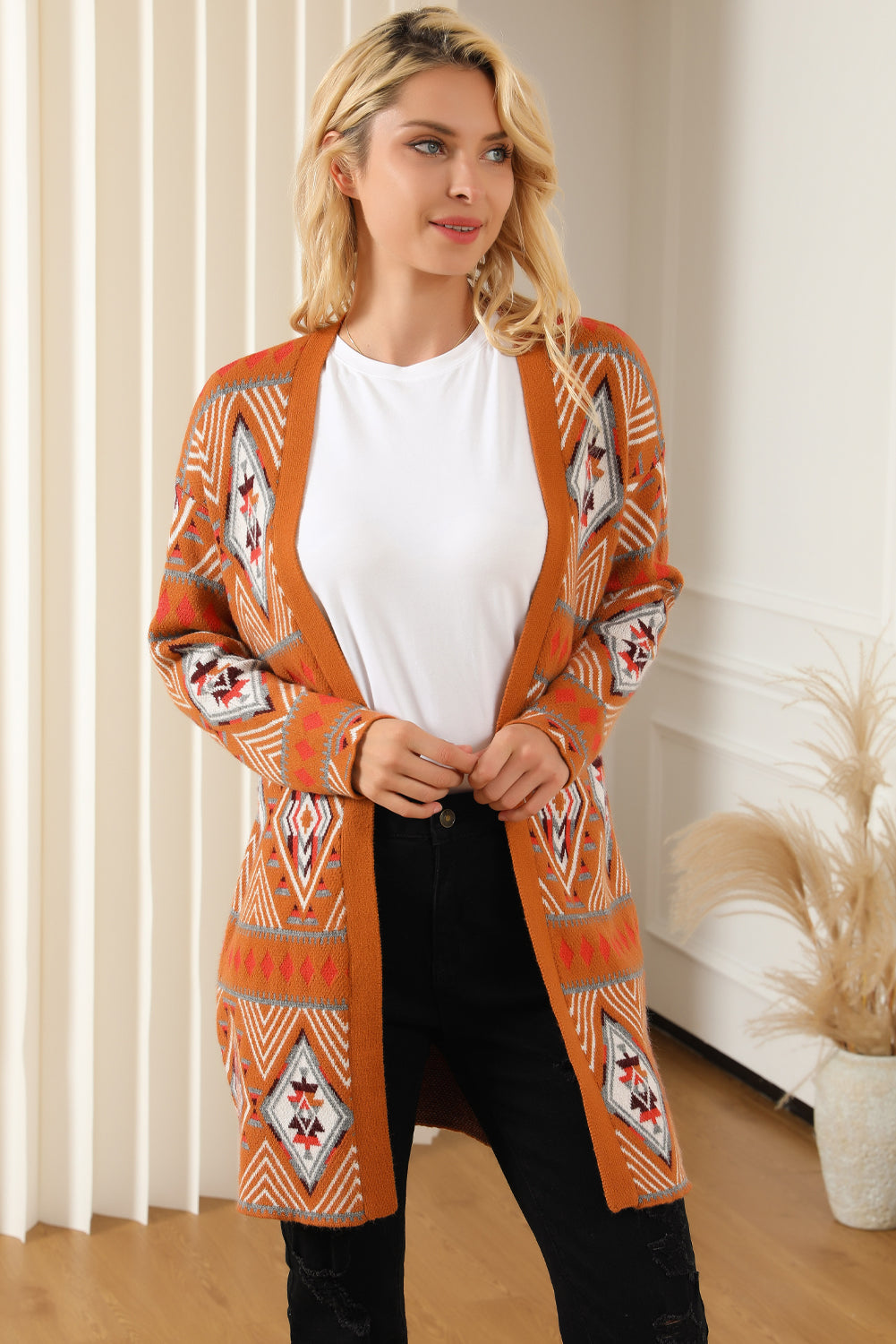 Aztec Geometric Knit Open Front Cardigan