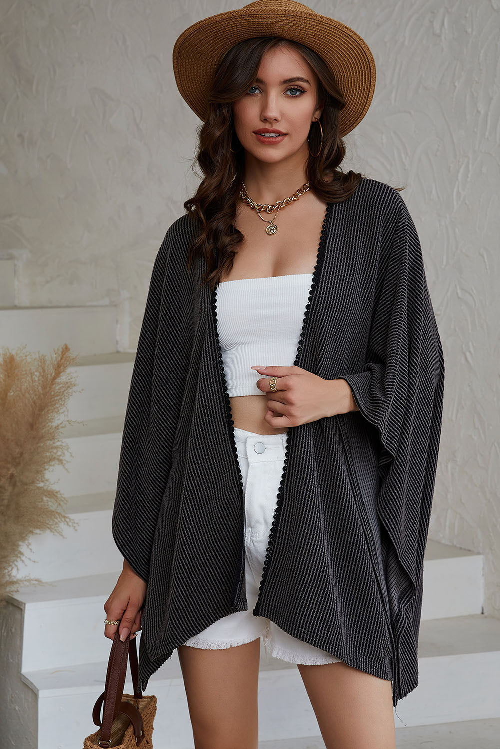 Lace Trim Ribbed Oversize Kimono