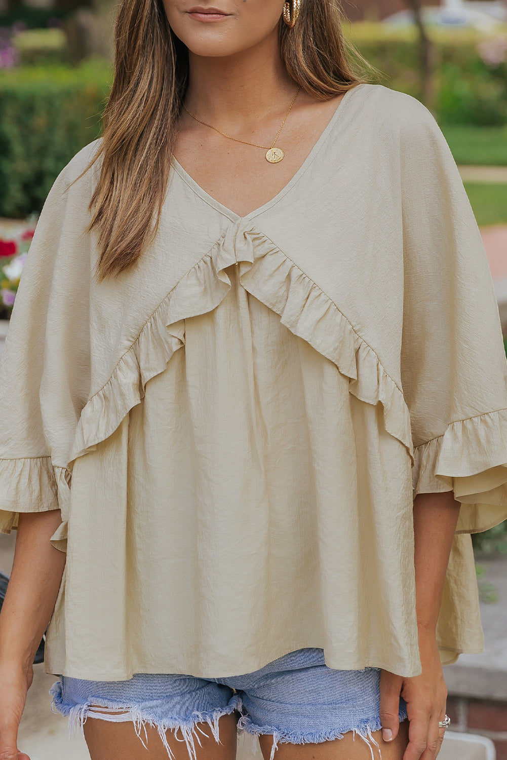 V Neck Draped Batwing Sleeve Ruffle Top