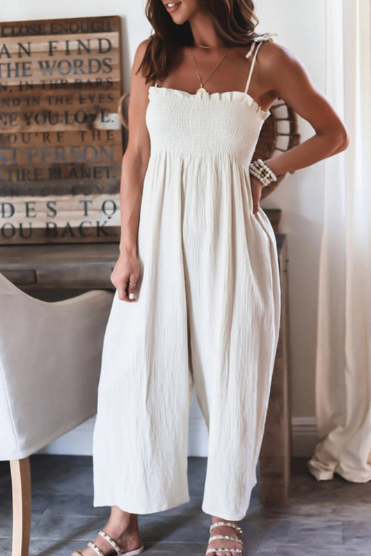 Smocked Spaghetti Straps High Waist Wide Leg Jumpsuit