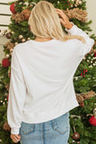 White Bowknot Pattern Corded Long Sleeve Drop Shoulder Top