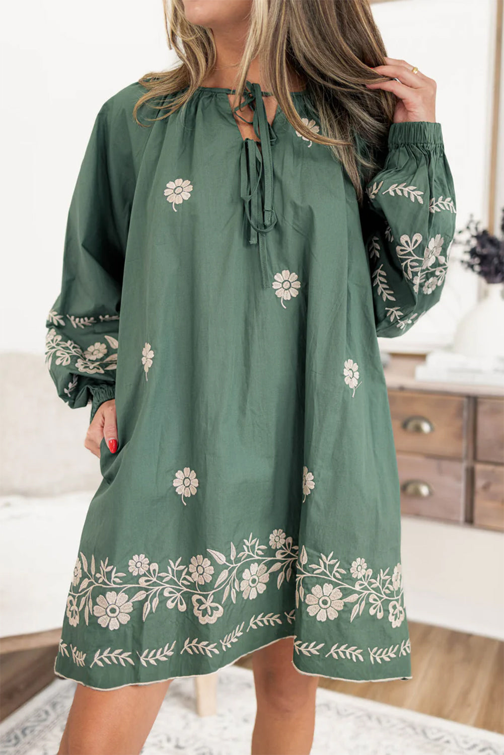 Mist Green Tie Neck Boho Floral Pattern Puff Sleeve Shift Dress