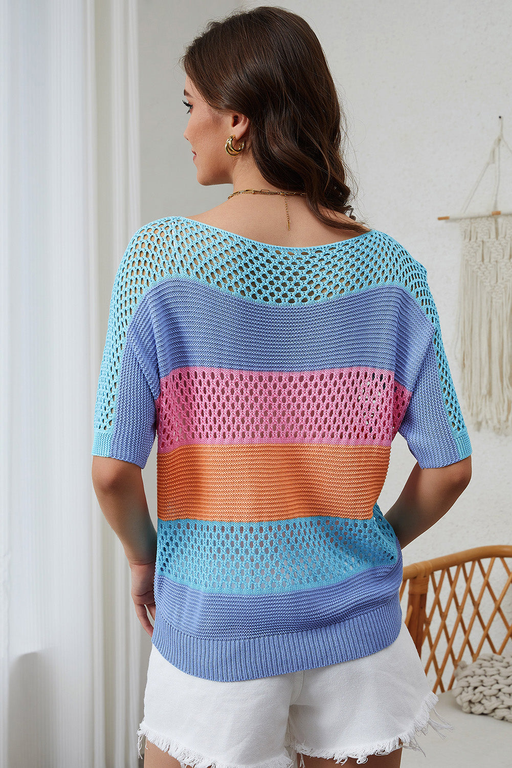 Knitted Eyelet Colorblock Striped Half Sleeves Top