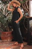 Color black Textured Knit Cap Sleeve T Shirt and Wide Leg Pants Set