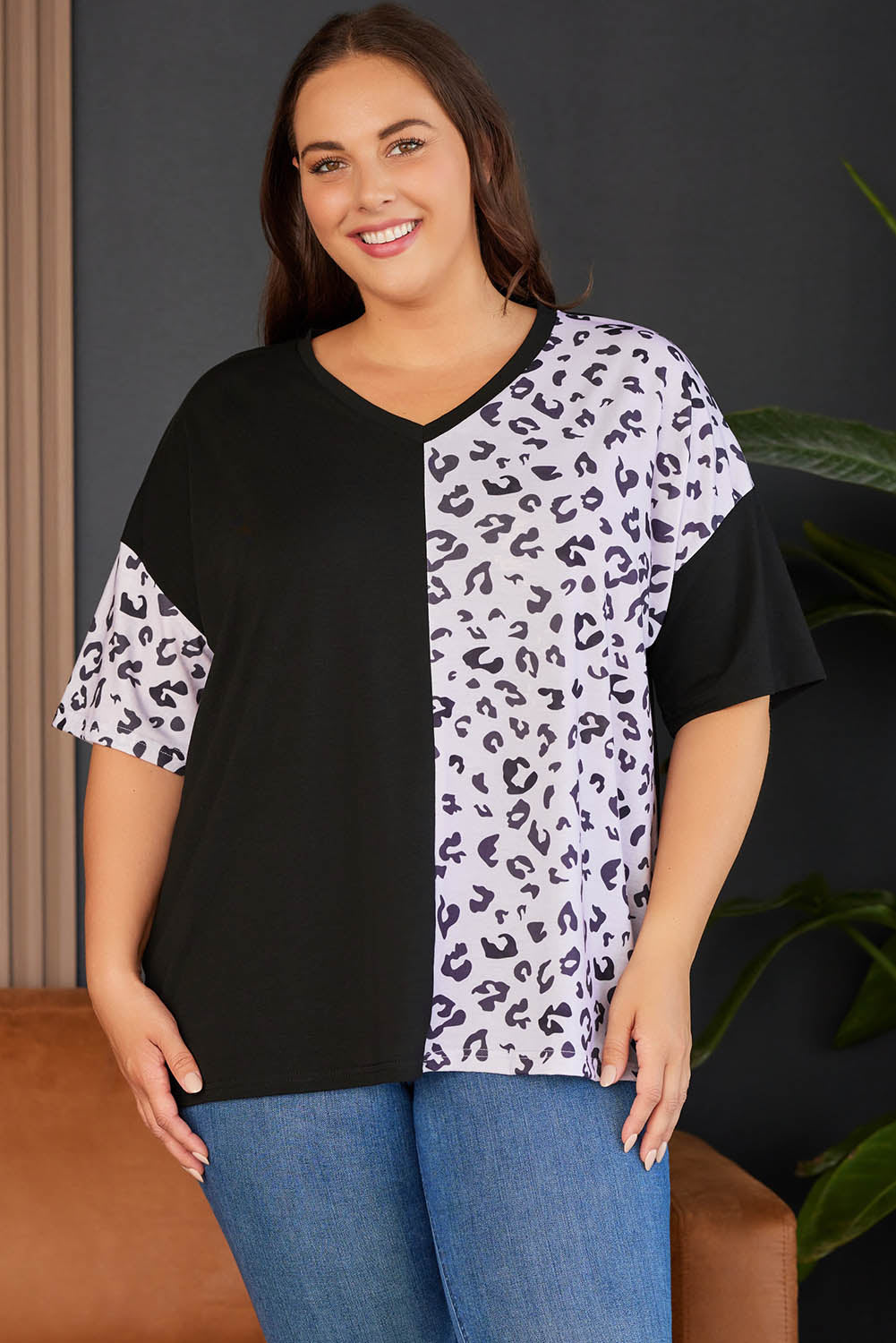 Plus Size Leopard Patchwork Short Sleeve Top