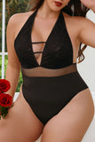 Lingerie Teddy noire grande taille en dentelle florale en maille à pois