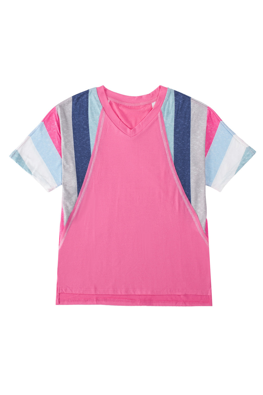 Stripe Patchwork V Neck T Shirt