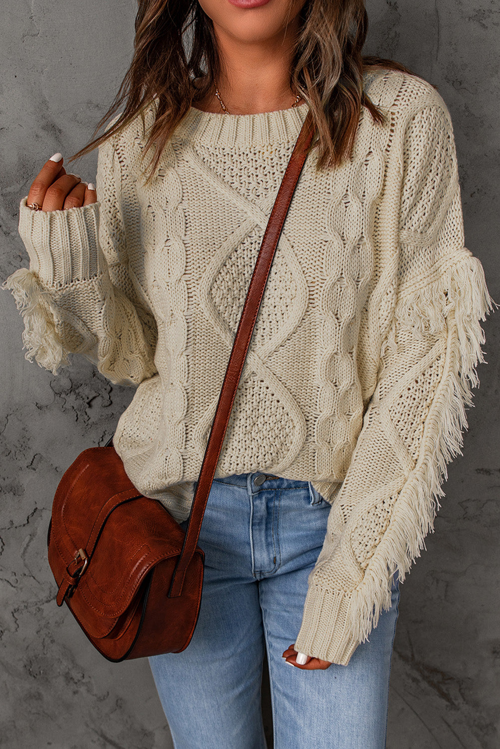 Cable Knit Fringe Trim Sweater