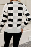 Pink Checkered Ribbed Edge O Neck Drop Shoulder Sweater