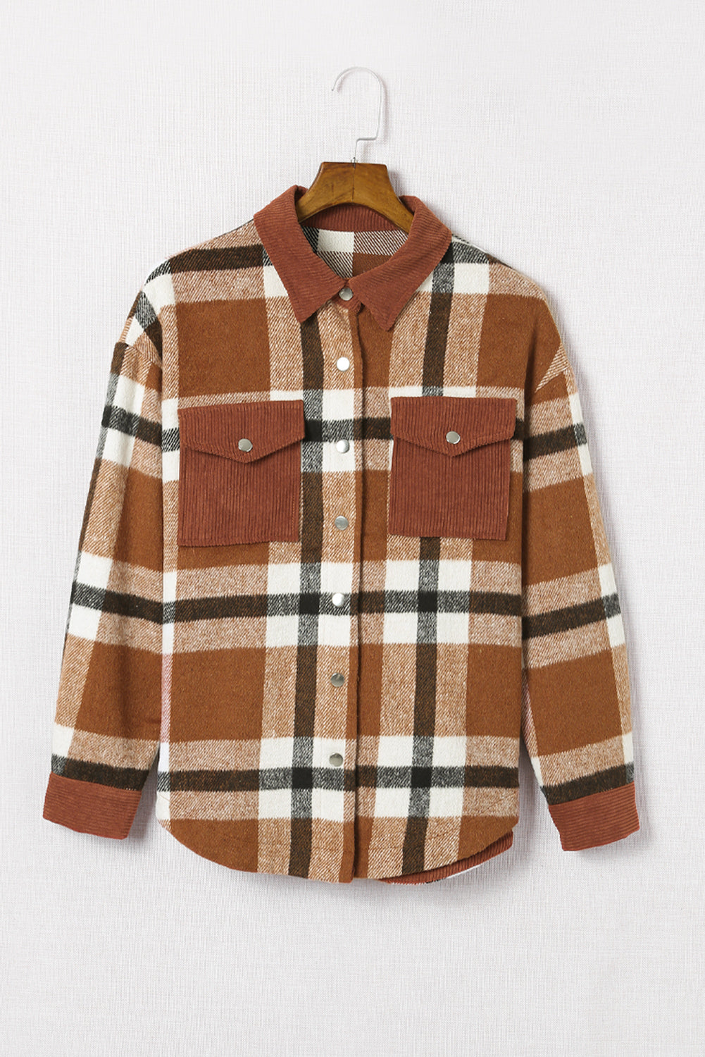 Pocketed Buttoned Plaid Shirt Jacket