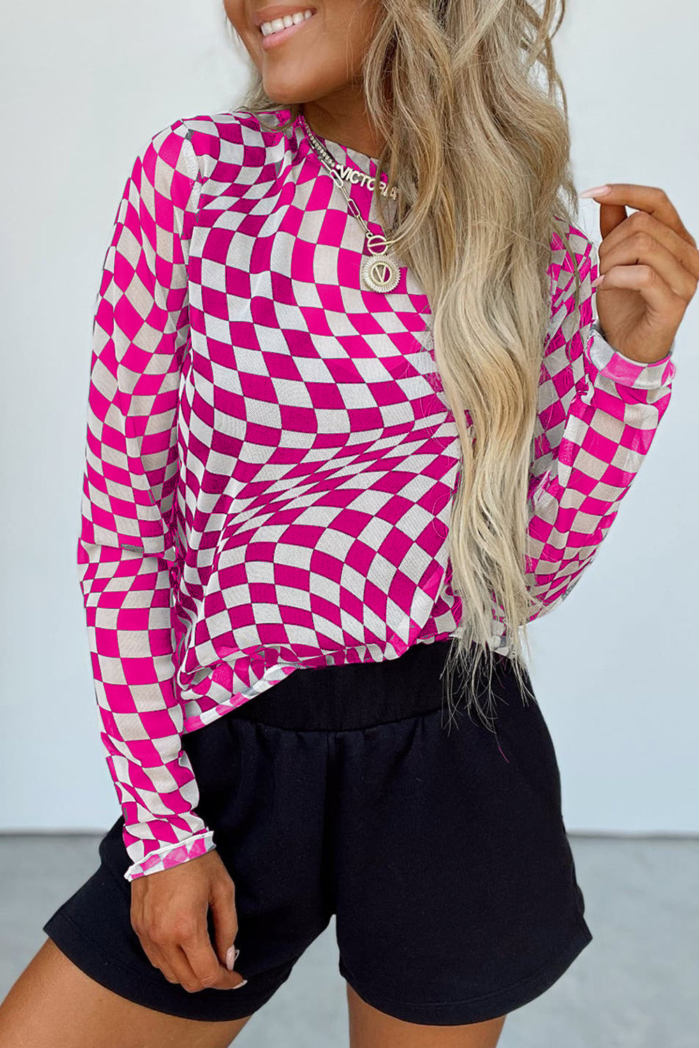 Rose Checkered Pattern Mesh Mock Neck Long Sleeve Top