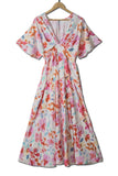 Tropical Floral Print Ruched V Neck Maxi Dress