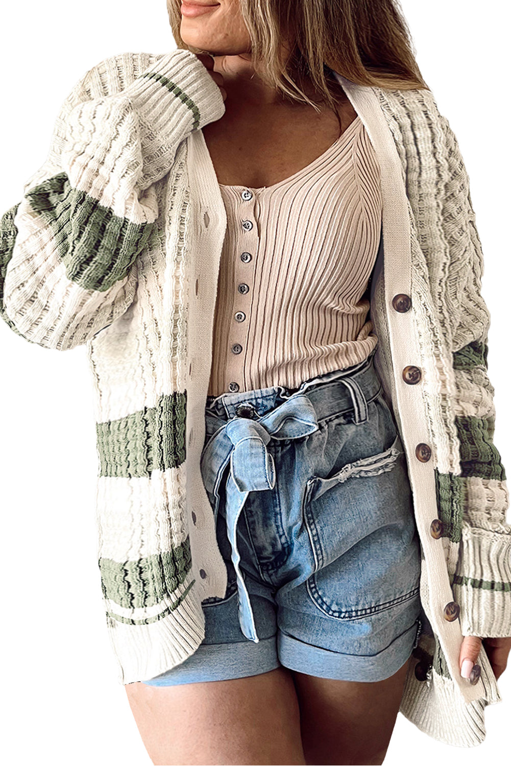 Green Colorblock Textured Knit Buttoned Cardigan