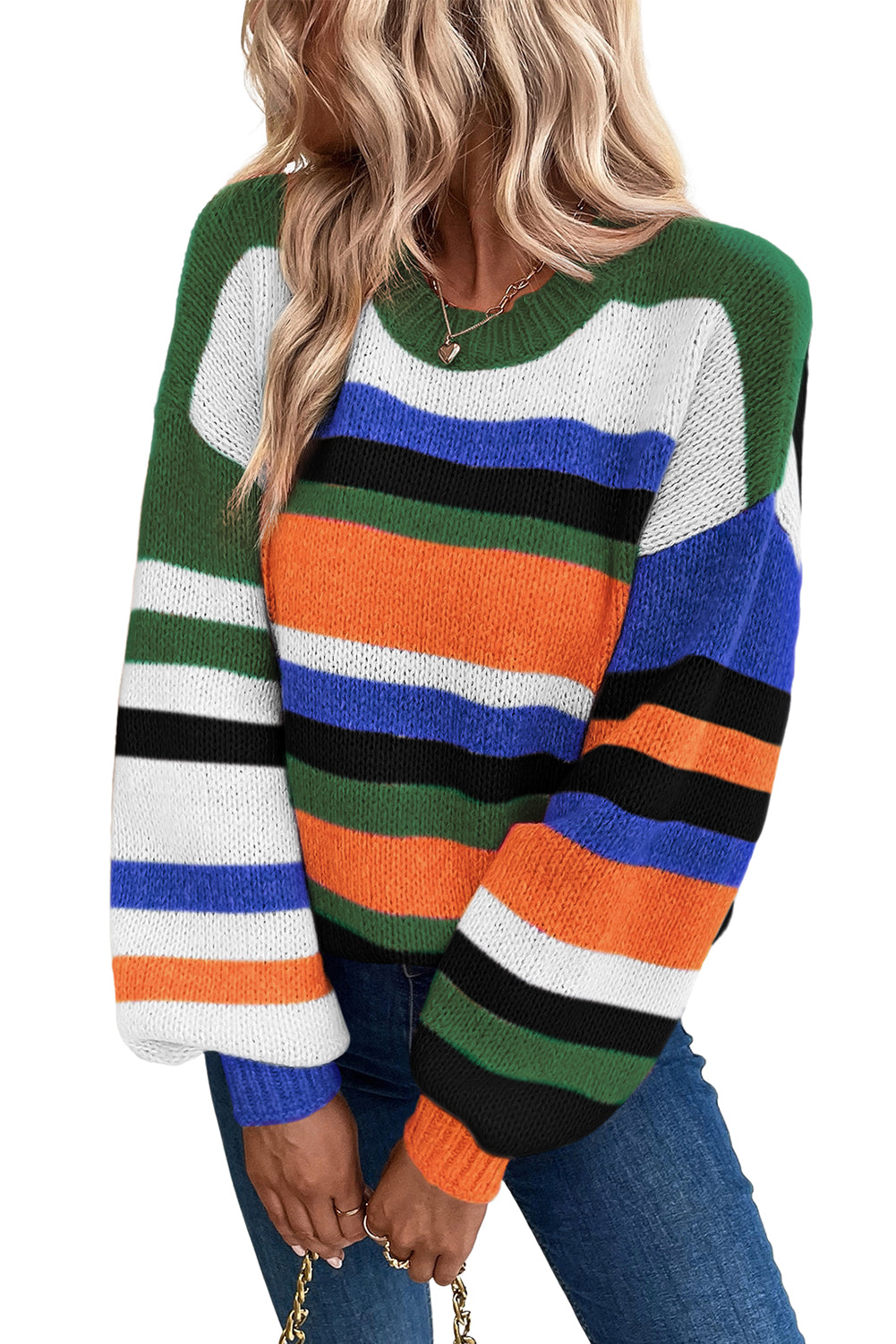 Multicolor Striped Knit Drop Shoulder Puff Sleeve Sweater