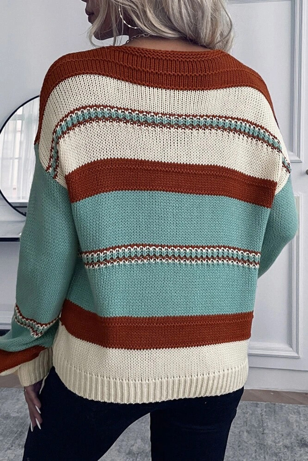 Striped Pattern Knit V Neck Sweater