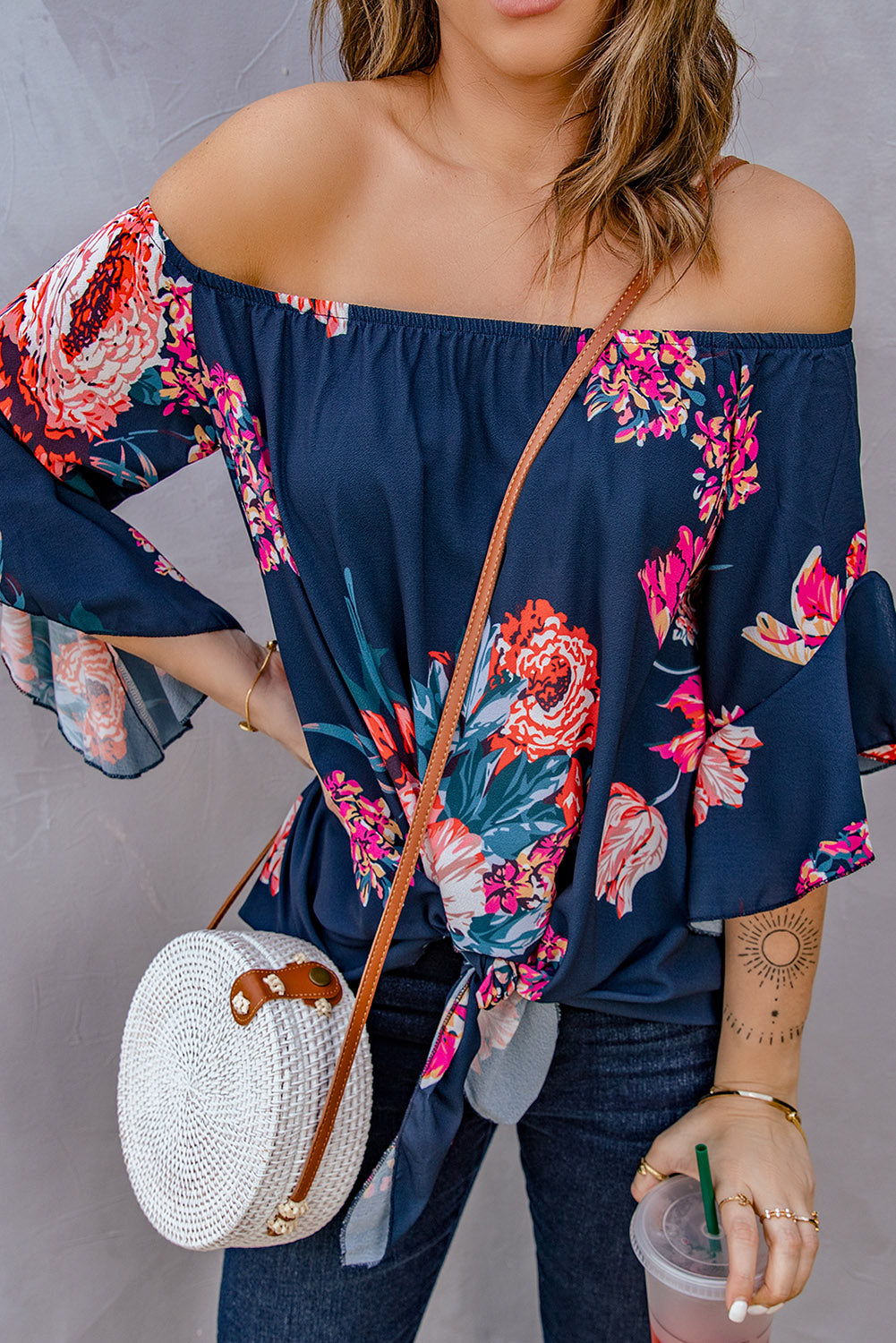 Off Shoulder Floral Tie Front High Low Chiffon Blouse