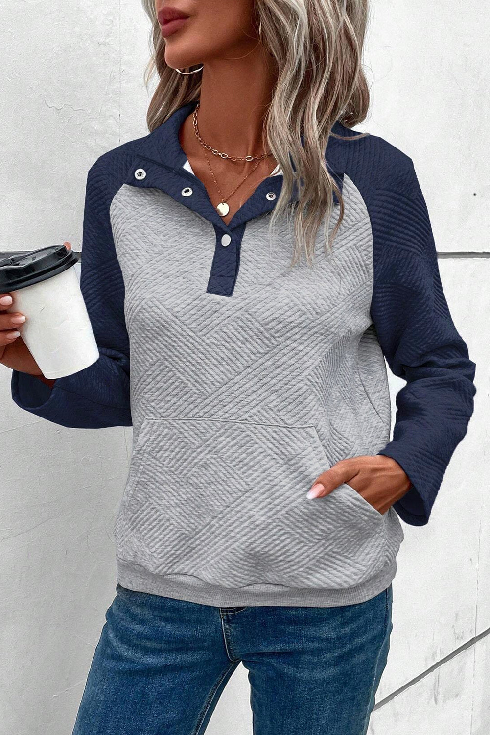 Gray Textured Contrast Splicing Raglan Sleeve Top