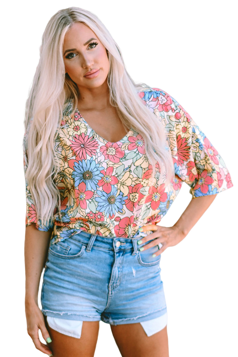 Floral Print V Neck Half Sleeve Blouse