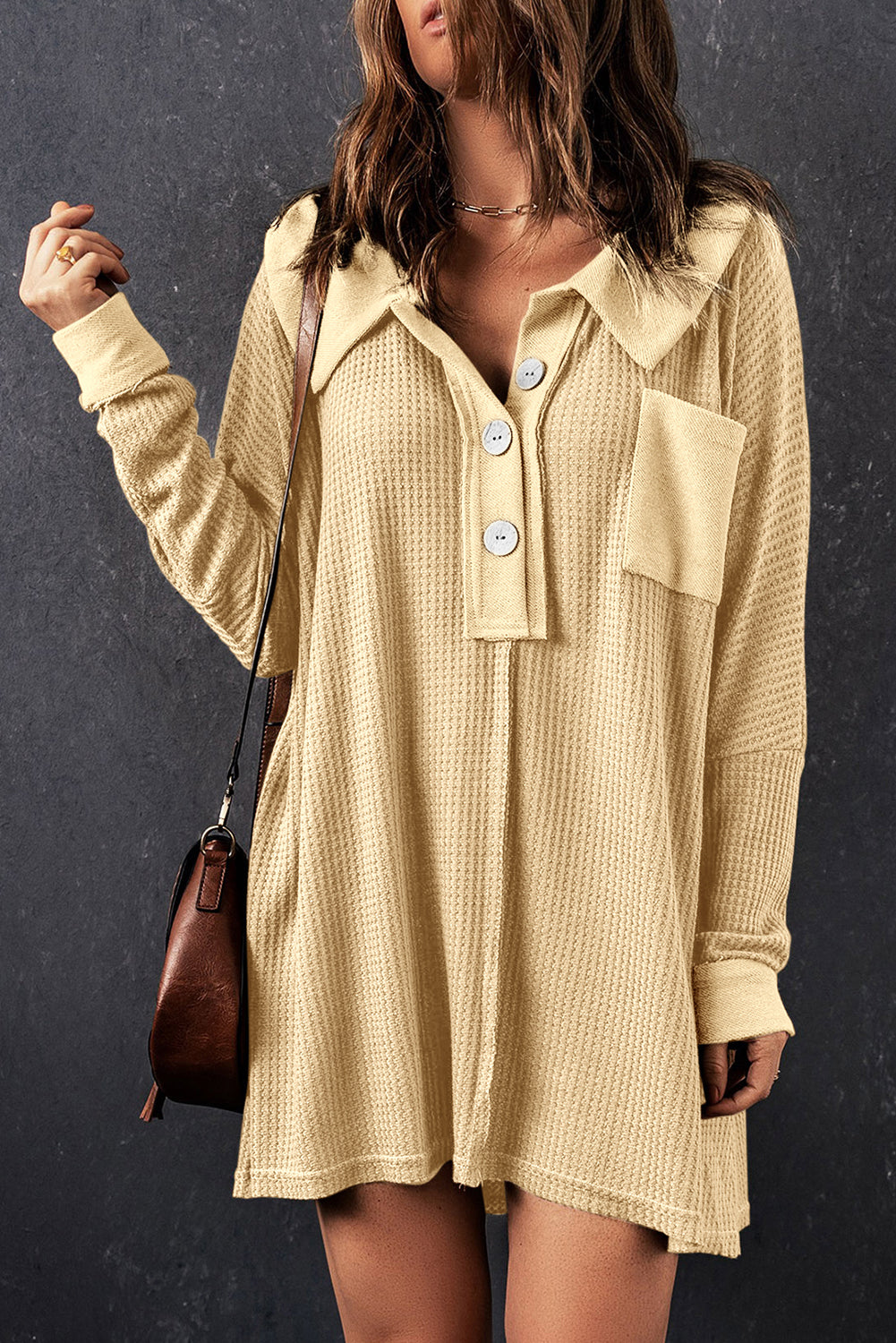 Brown Waffle Knit Buttoned Long Sleeve Top