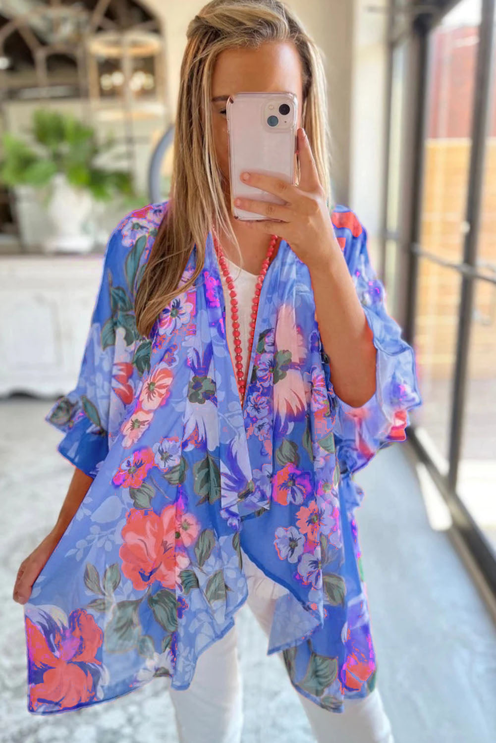 Floral Print Ruffled 3/4 Sleeve Loose Fit Kimono