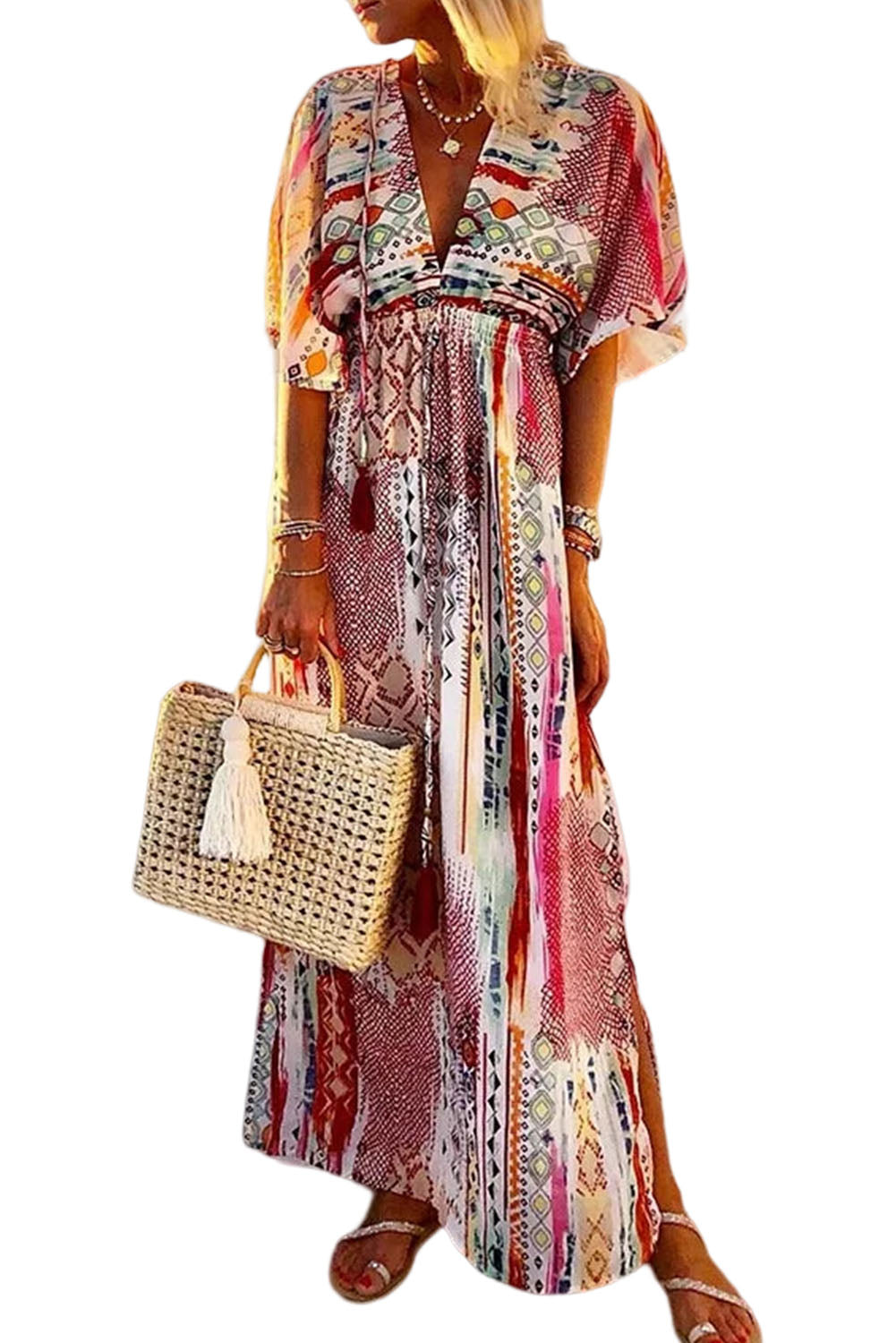 Boho Vacation Mixed Print Deep V Maxi Dress