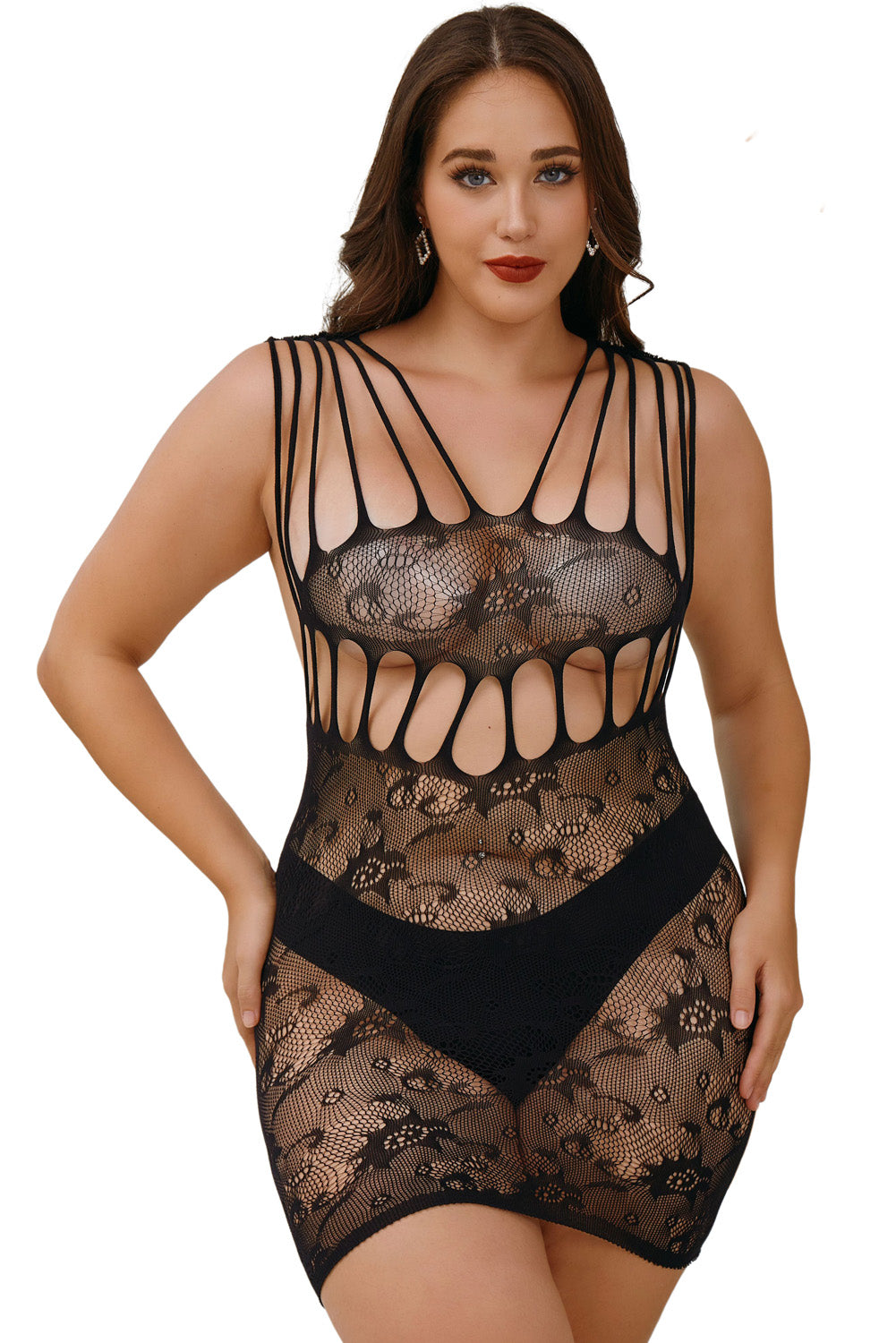 Plus Size Strappy Hollow-out Lace Chemise