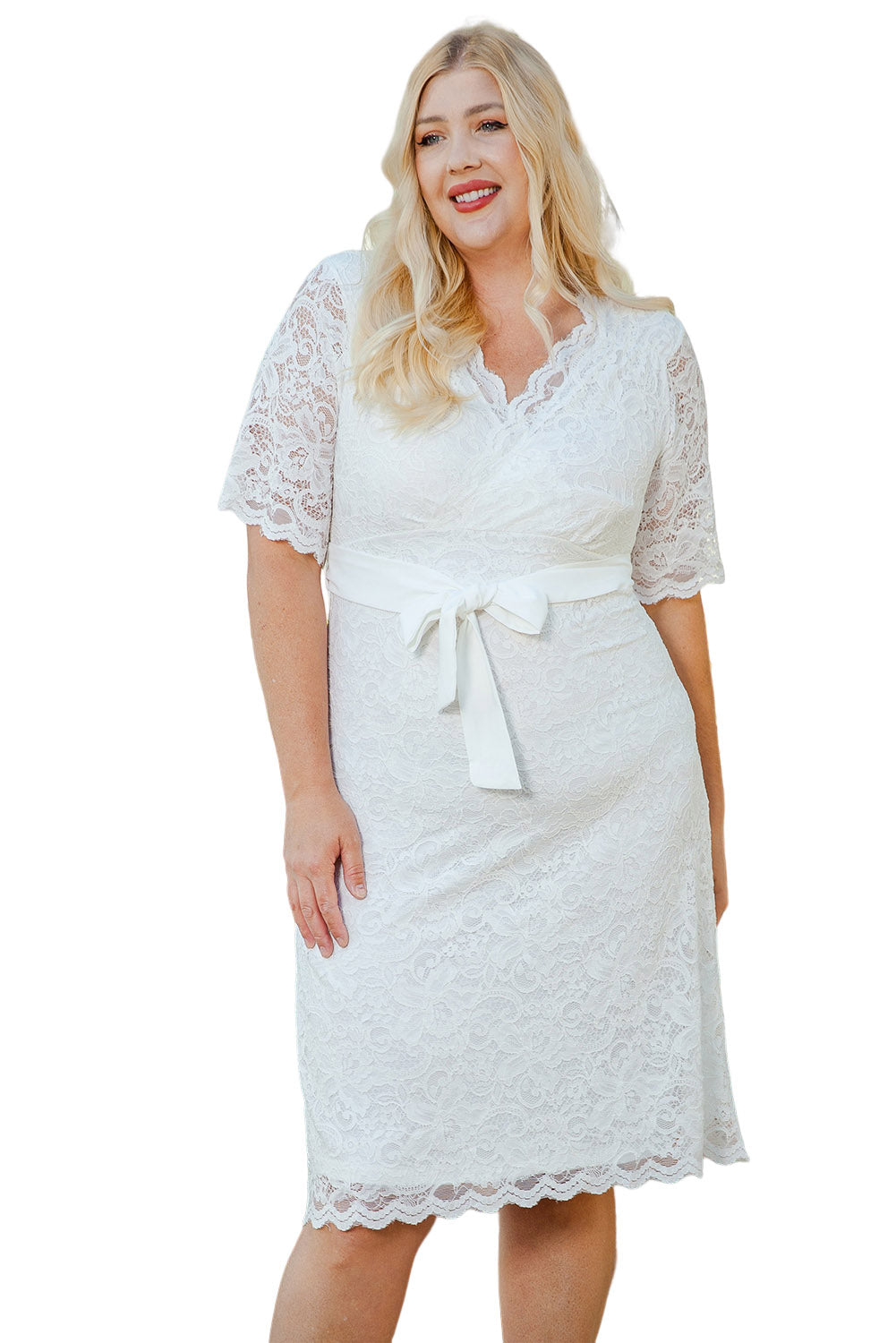 Scalloped Lace Wrap V Neck Plus Size Dress