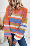 Multicolor Striped Knit Drop Shoulder Puff Sleeve Sweater