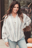 Stripe Oversized Chest Pockets Puff Sleeve High Low Shirt