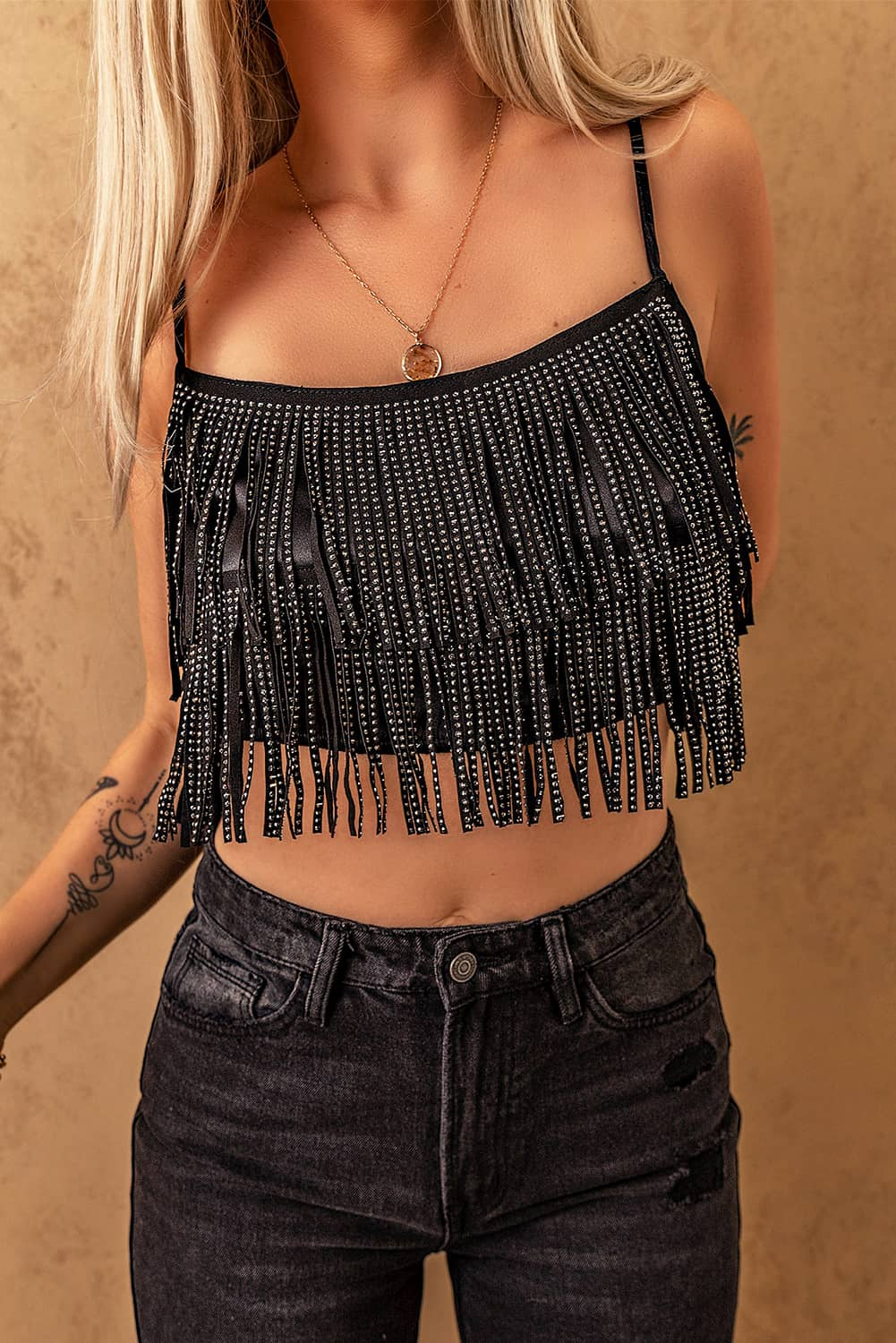 Tasseled Spaghetti Strap Cropped Tank Top