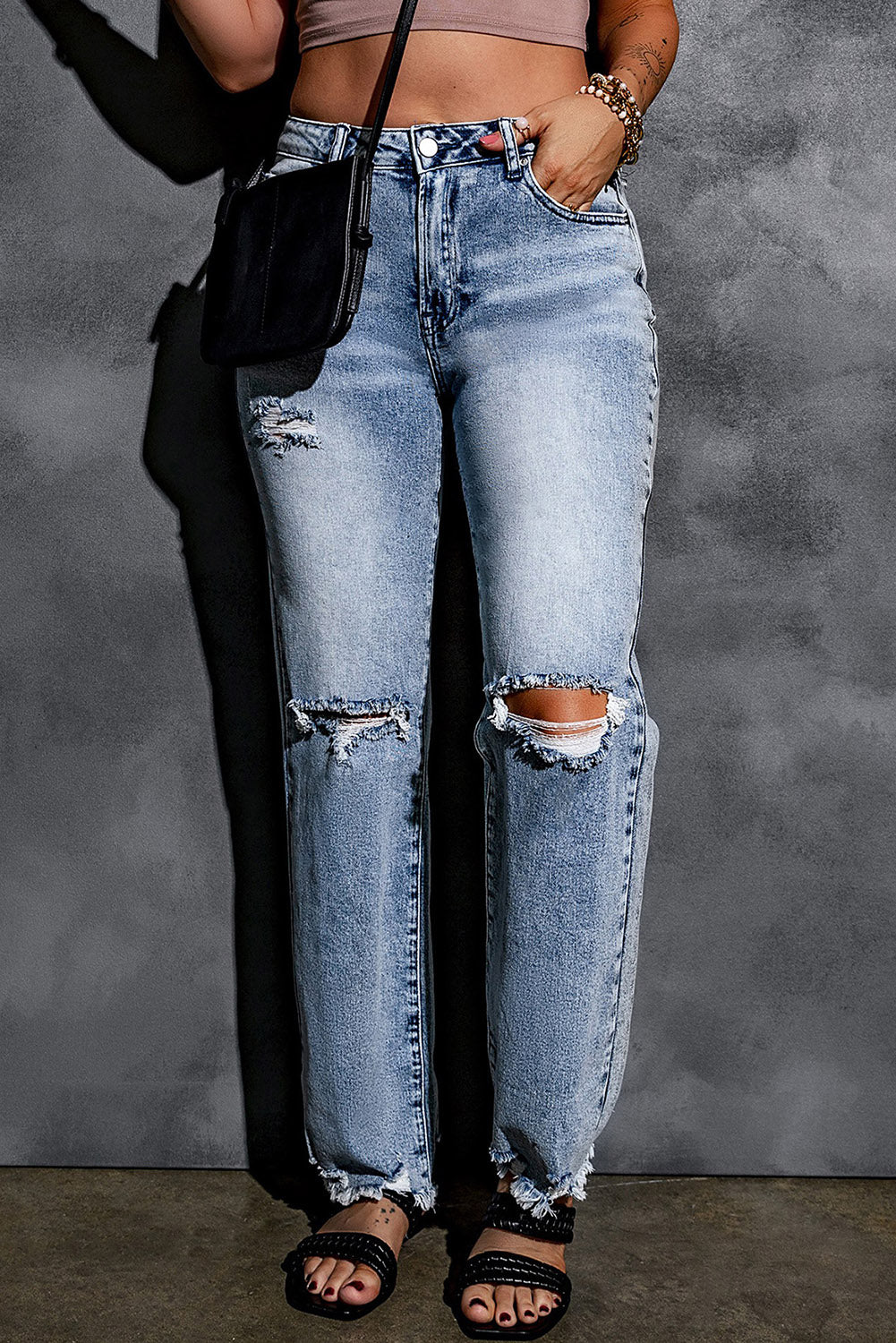 Washed Ripped Wide Leg High Waist Jeans