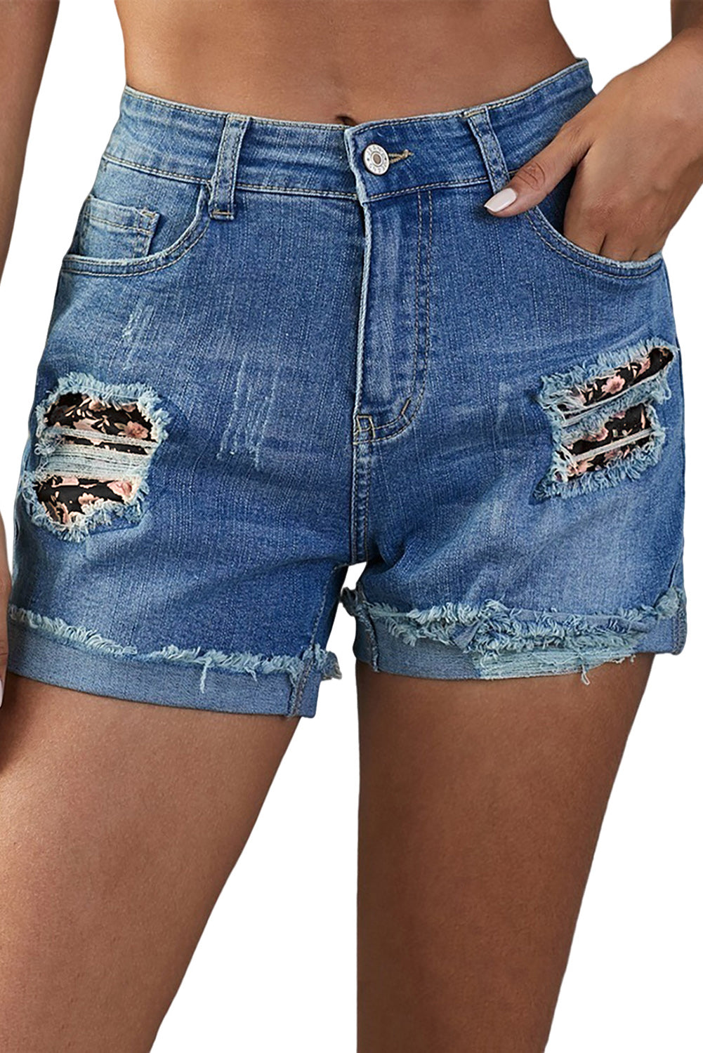 Short en jean noir à ourlet roulé et patchwork floral