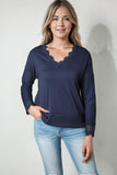 Ribbed Texture Lace Trim V Neck Long Sleeve Top