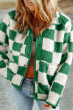 Brown Checked Snap Button Sherpa Jacket