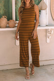 Khaki Stripe Print Open Back Sleeveless Maxi Dress with Slits