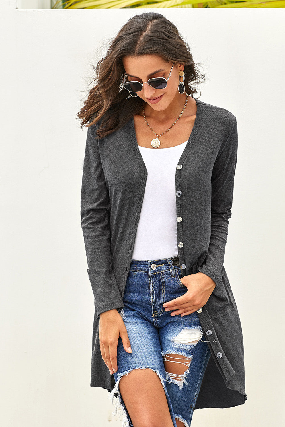 Selected Button Pocketed High Low Cardigan