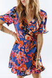 Wrapped Tie-dye Print Ruffled Dress