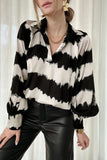 Striped Turn Down Collar Balloon Sleeve Blouse