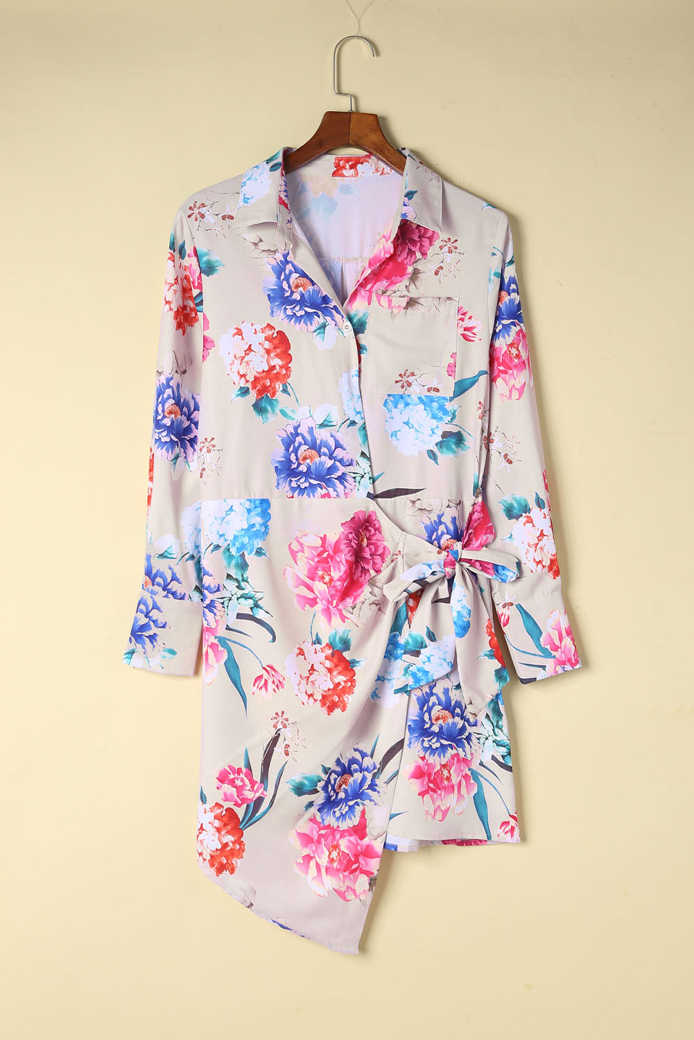 Floral Print Wrap Tie Mini Shirt Dress