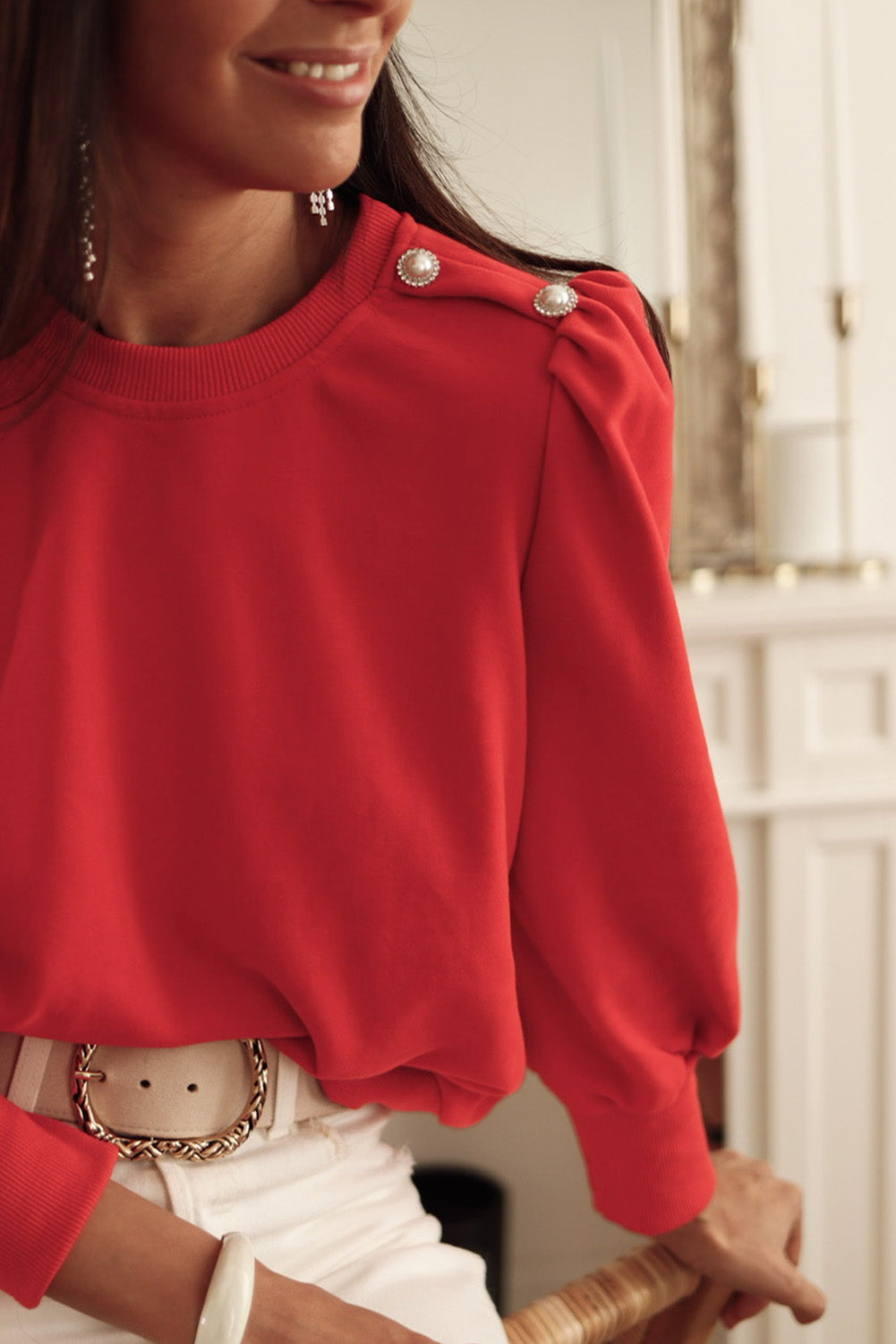 Red Button Tab Detail Long Sleeve Top