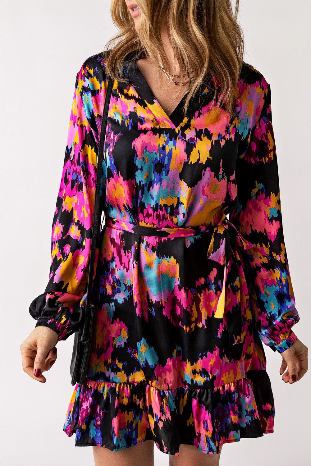 Abstract Print Ruffled Drawstring High Waist Mini Dress