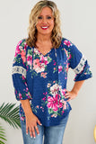 Plus Size Lace Patch 3/4 Sleeve Split Neck Floral Top