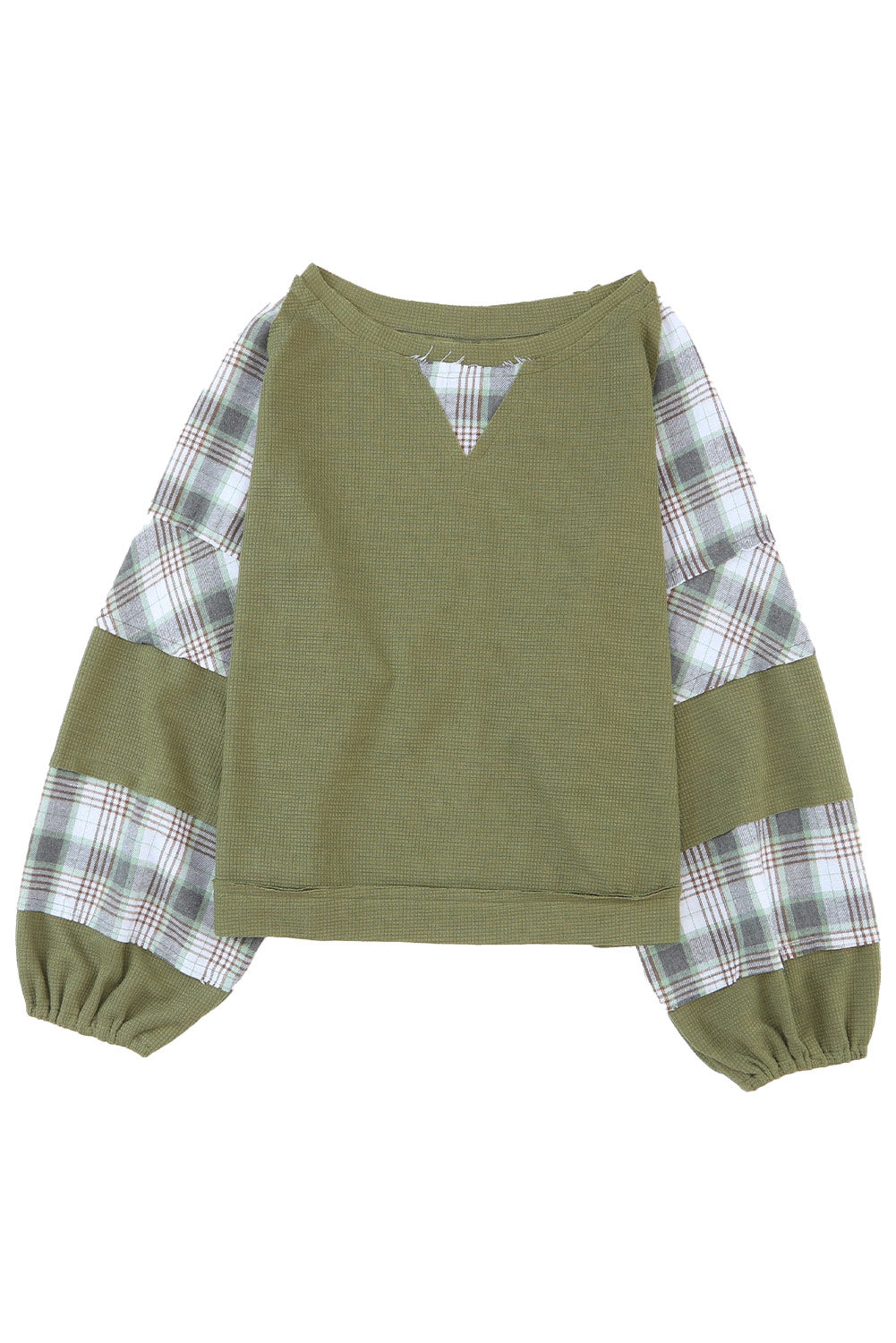 Plaid Patch Waffle Knit Exposed Seam Bubble Sleeve Top