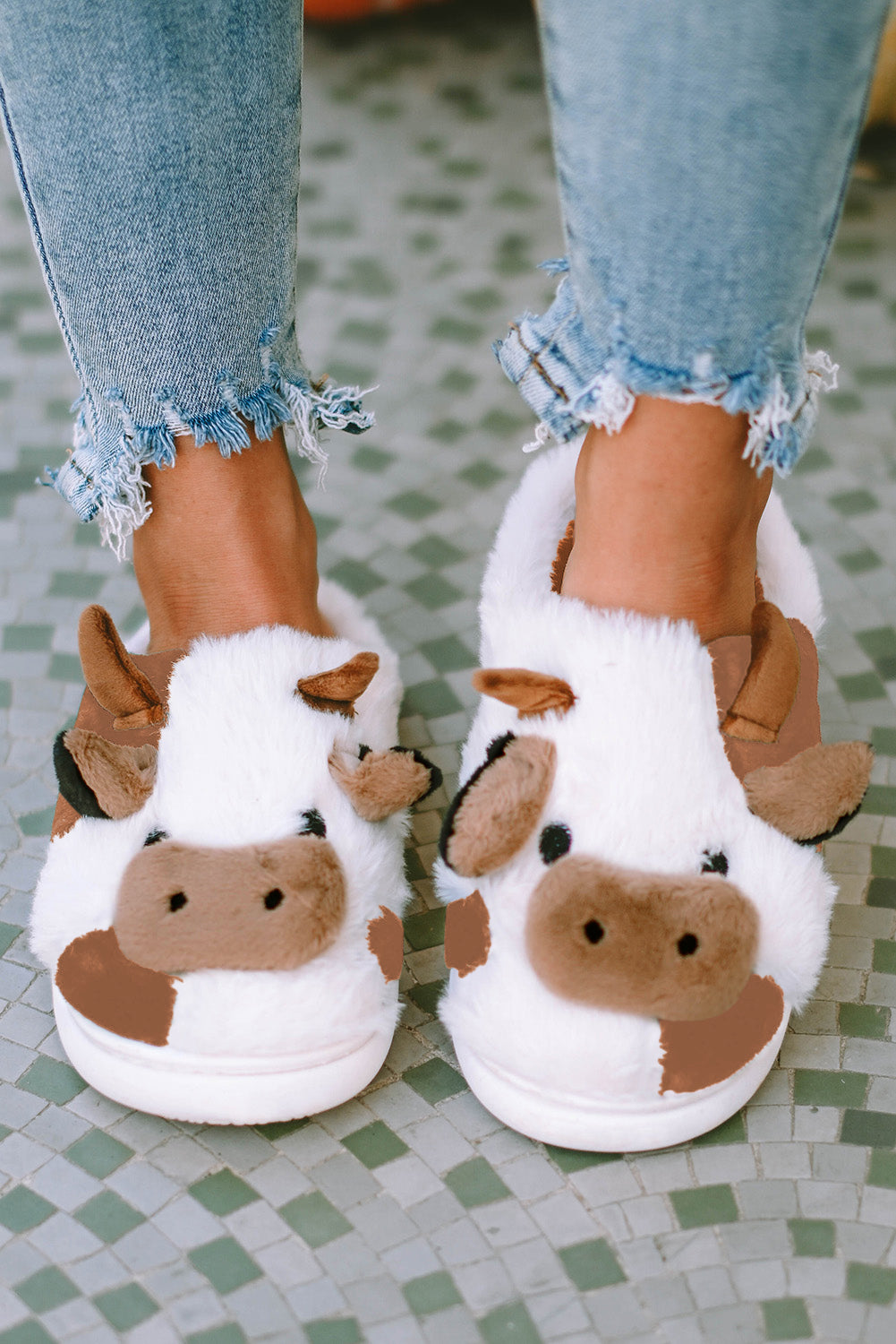 White Cartoon Animal Cow Plush Slippers