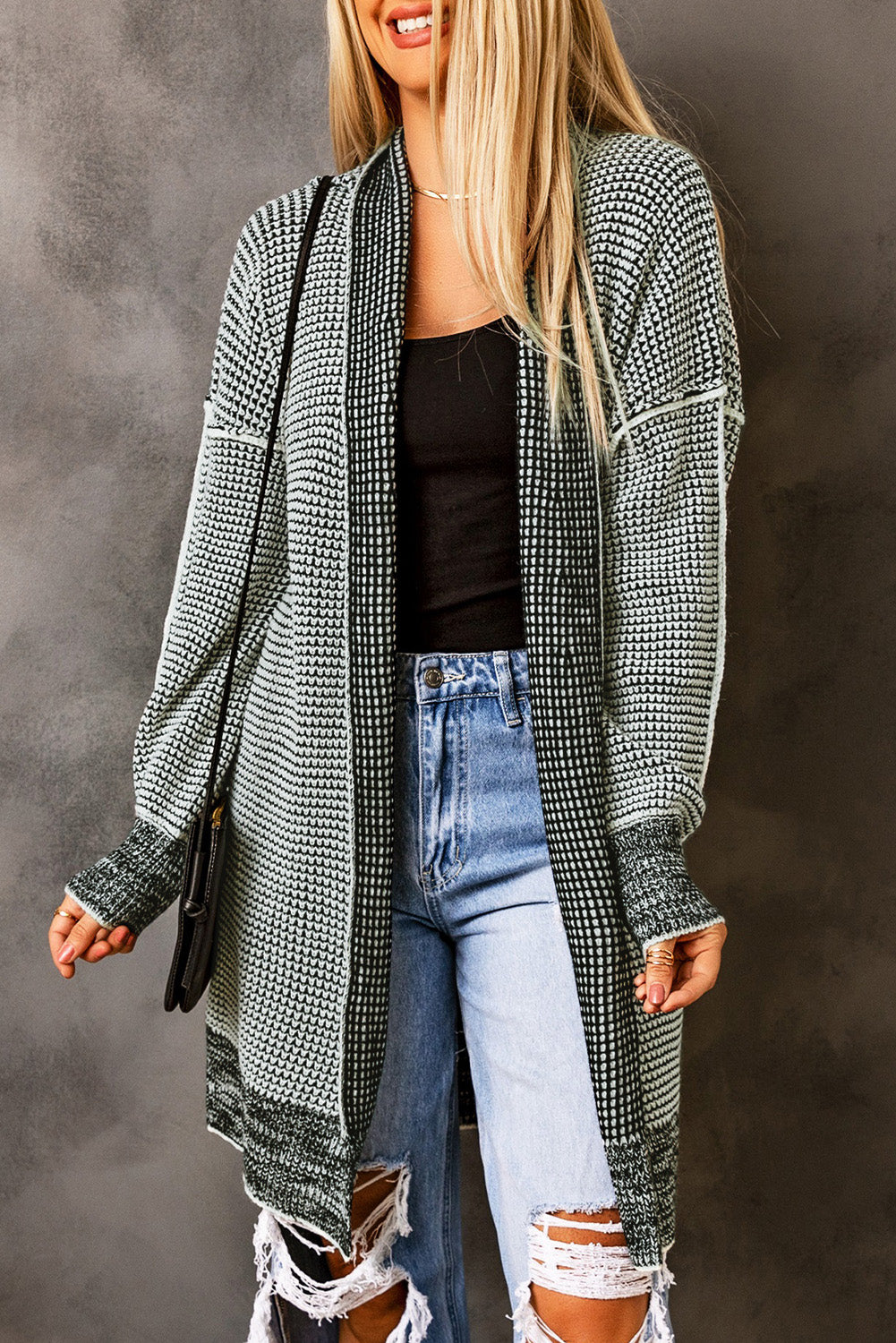 Gray Textured Knit Pocketed Duster Cardigan