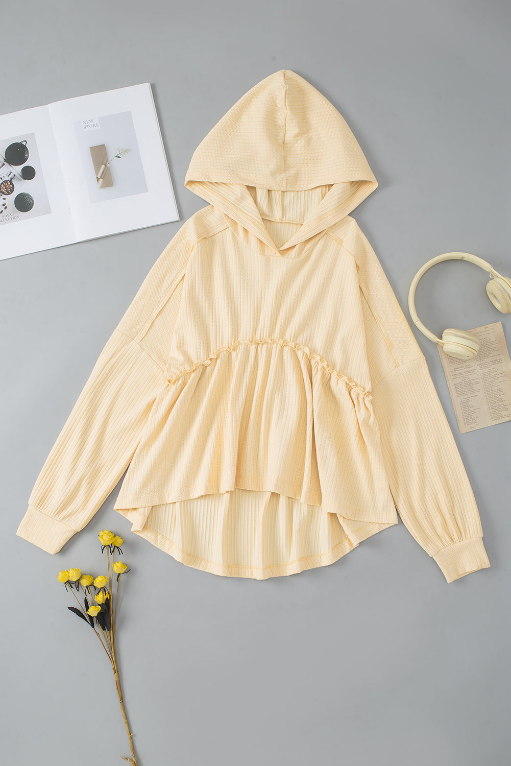 Beige Frilled Expose Seamed Babydoll Hoodie