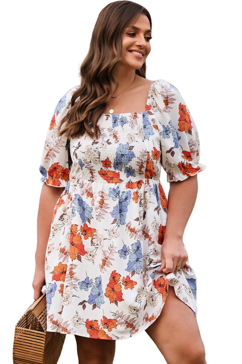 Robe évasée smockée à fleurs blanche grande taille